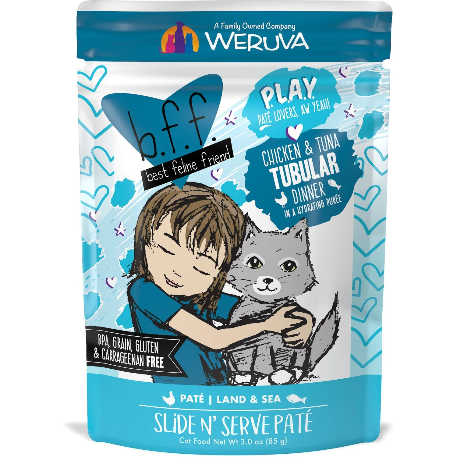 BFF Play Pate Lovers Chicken & Tuna Tubular Wet Cat Food, 3-oz Pouch, Pack Of 12 1 BFF Play Pate Lovers Chicken & Tuna Tubular Wet Cat Food, 3-oz Pouch, Pack Of 12