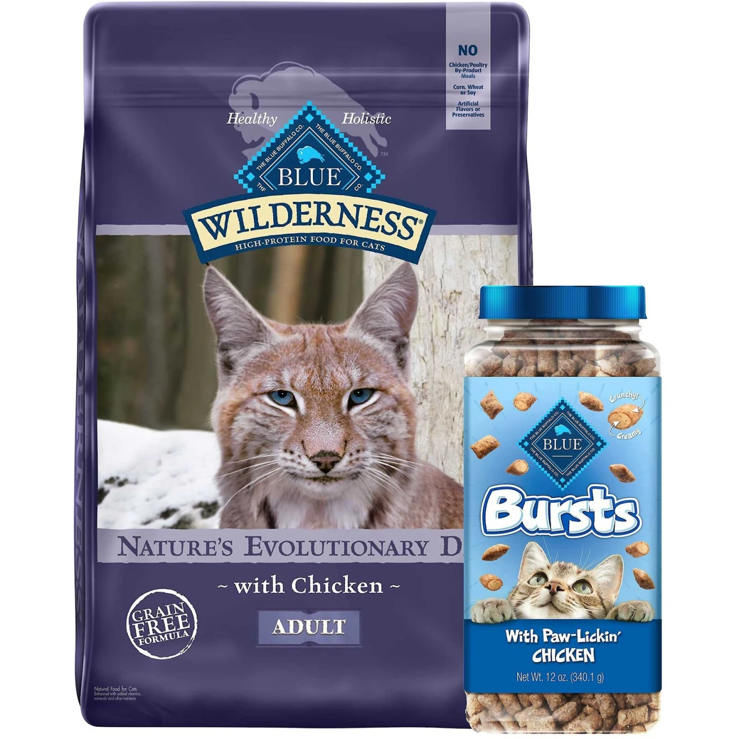 Blue Buffalo Wilderness Chicken Recipe Grain-Free Dry Cat Food & Blue Buffalo Bursts With Paw-Licken Chicken Cat Treats 1 Blue Buffalo Wilderness Chicken Recipe Grain-Free Dry Cat Food & Blue Buffalo Bursts With Paw-Licken Chicken Cat Treats