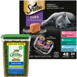 Sheba Perfect Portions Seafood Pate Variety Pack Grain-Free Adult Wet Cat Food Trays & Greenies Feline SmartBites Healthy Indoor Natural Tuna Flavor Soft & Crunchy Adult Cat Treats