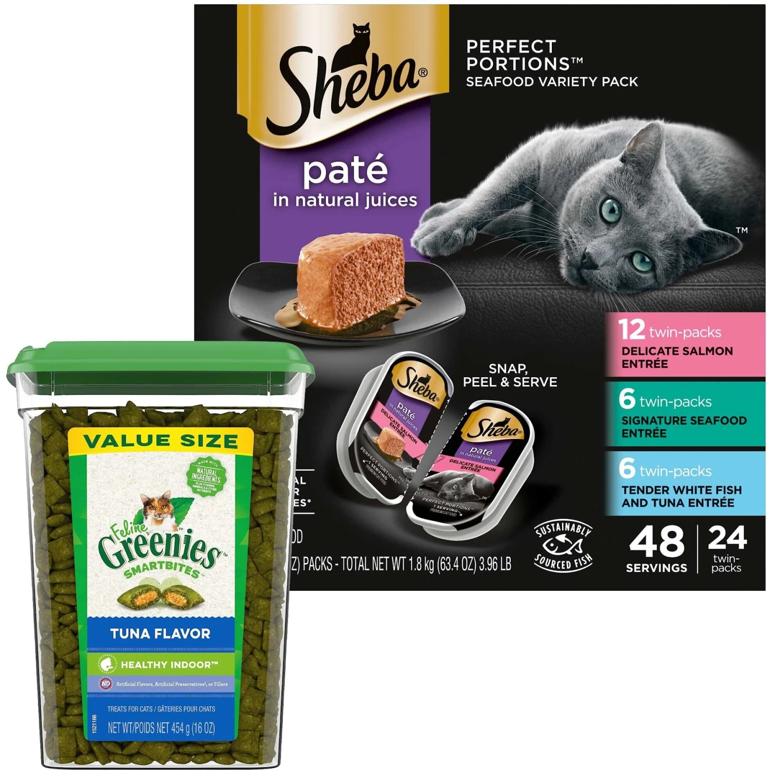 Sheba Perfect Portions Seafood Pate Variety Pack Grain-Free Adult Wet Cat Food Trays & Greenies Feline SmartBites Healthy Indoor Natural Tuna Flavor Soft & Crunchy Adult Cat Treats 1 Sheba Perfect Portions Seafood Pate Variety Pack Grain-Free Adult Wet Cat Food Trays & Greenies Feline SmartBites Healthy Indoor Natural Tuna Flavor Soft & Crunchy Adult Cat Treats
