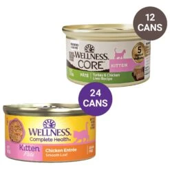 Wellness Complete Health Kitten Chicken Entree Recipe Natural Canned Cat Food & Wellness CORE Natural Grain-Free Turkey & Chicken Liver Pate Canned Kitten Food