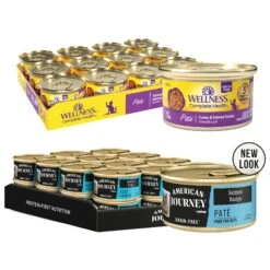 American Journey Pate Salmon Recipe Grain-Free Canned Cat Food, 3-oz Can, 24 Count & Wellness Complete Health Turkey & Salmon Formula Grain-Free Natural Canned Cat Food