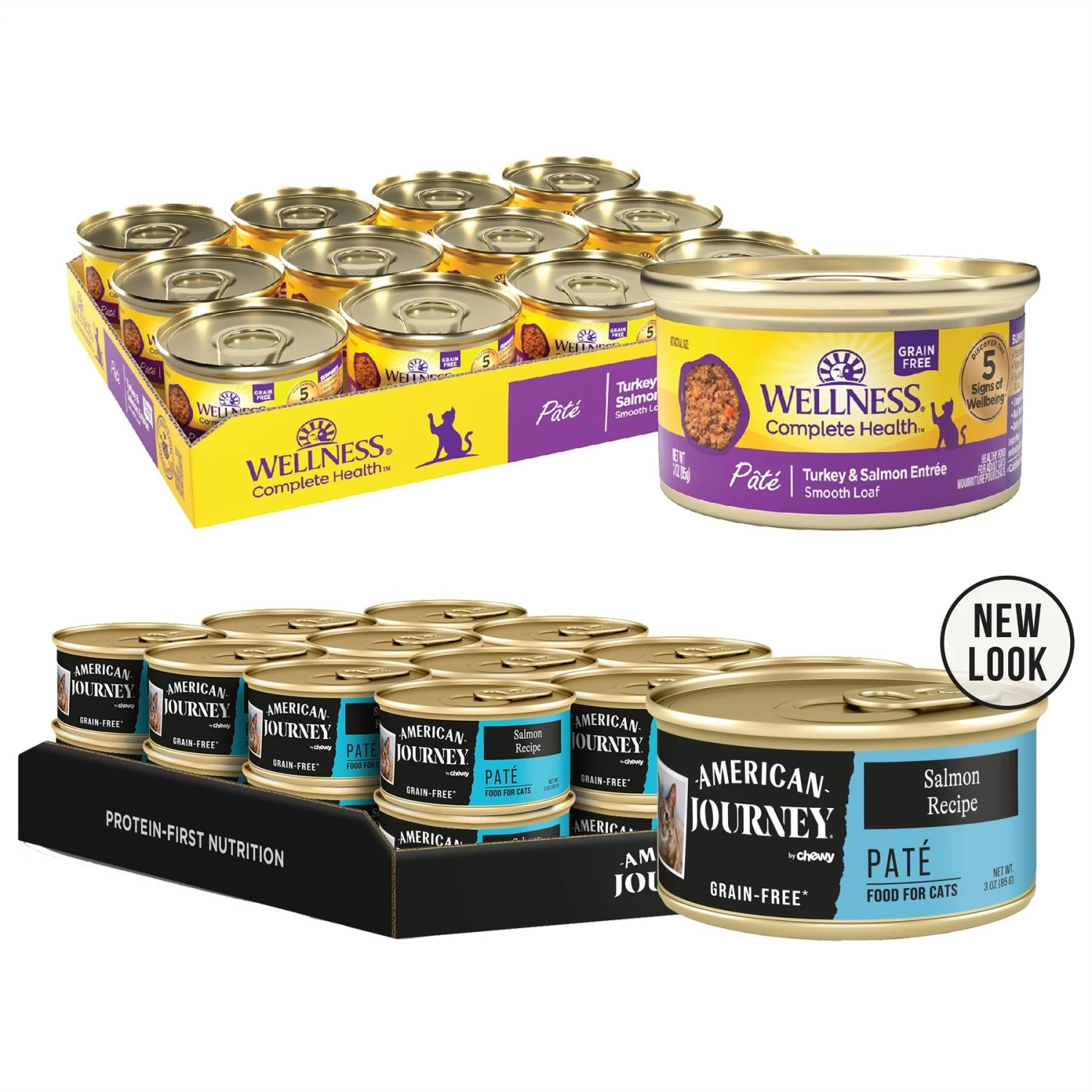 American Journey Pate Salmon Recipe Grain-Free Canned Cat Food, 3-oz Can, 24 Count & Wellness Complete Health Turkey & Salmon Formula Grain-Free Natural Canned Cat Food 1 American Journey Pate Salmon Recipe Grain-Free Canned Cat Food, 3-oz Can, 24 Count & Wellness Complete Health Turkey & Salmon Formula Grain-Free Natural Canned Cat Food