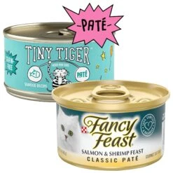 Tiny Tiger Pate Seafood Recipe Grain-Free Canned Cat Food & Fancy Feast Classic Salmon & Shrimp Feast Canned Cat Food
