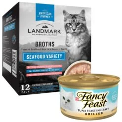 Fancy Feast Grilled Tuna Feast In Gravy Canned Cat Food & American Journey Landmark Broths Seafood Variety Pack Wet Cat Food Complement Pouches