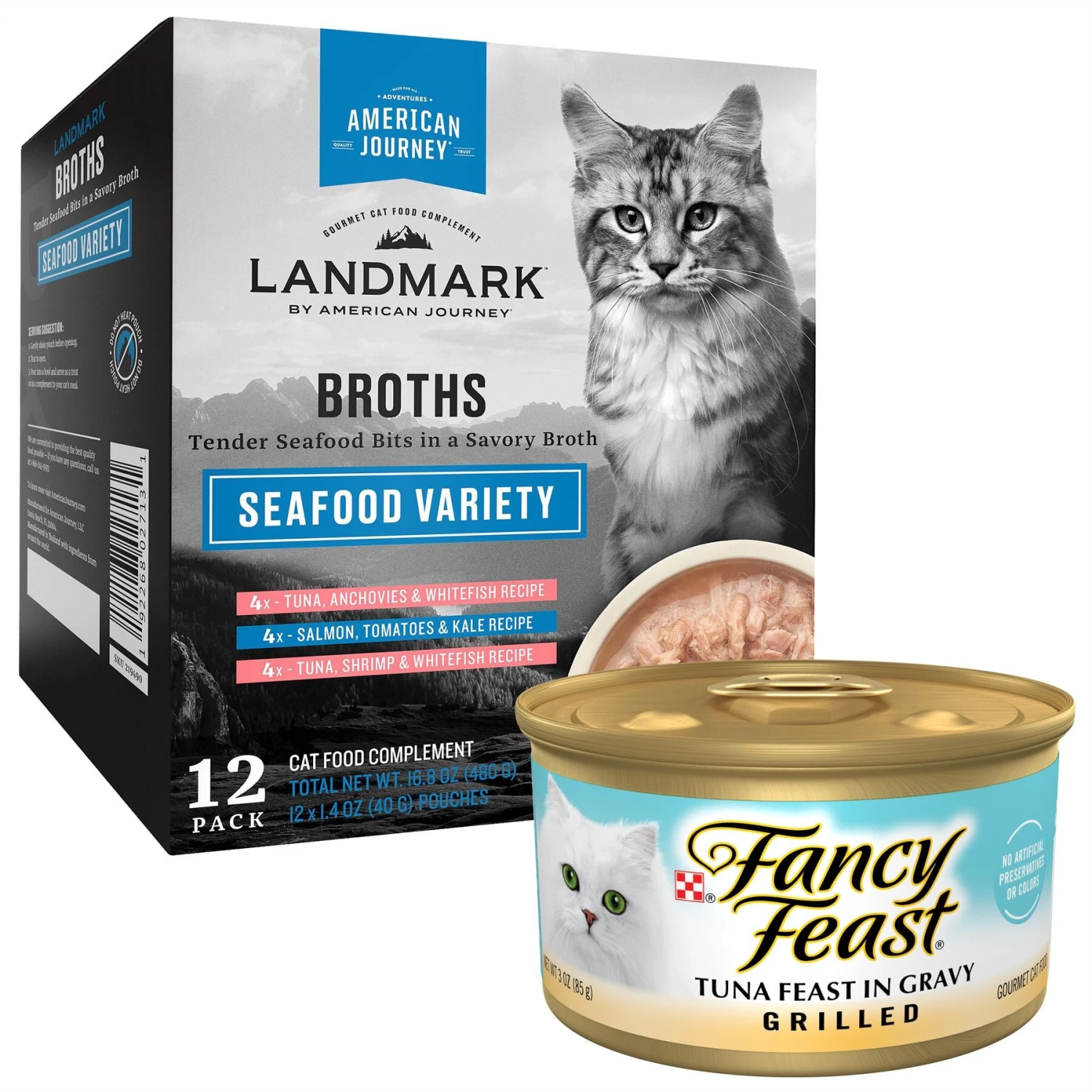 Fancy Feast Grilled Tuna Feast In Gravy Canned Cat Food & American Journey Landmark Broths Seafood Variety Pack Wet Cat Food Complement Pouches 1 Fancy Feast Grilled Tuna Feast In Gravy Canned Cat Food & American Journey Landmark Broths Seafood Variety Pack Wet Cat Food Complement Pouches