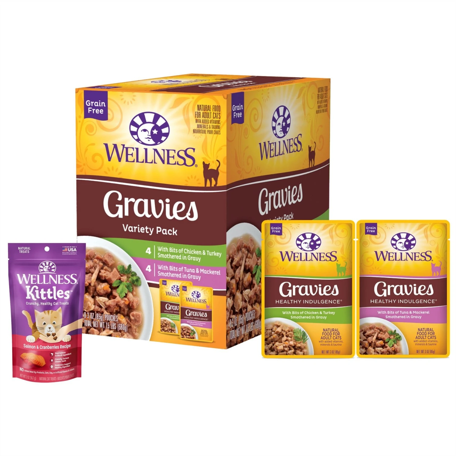 Wellness Healthy Indulgence Gravies Grain-Free Variety Pack Cat Food Pouches & Wellness Kittles Natural Grain-Free Salmon & Cranberries Crunchy Cat Treats 1 Wellness Healthy Indulgence Gravies Grain-Free Variety Pack Cat Food Pouches & Wellness Kittles Natural Grain-Free Salmon & Cranberries Crunchy Cat Treats