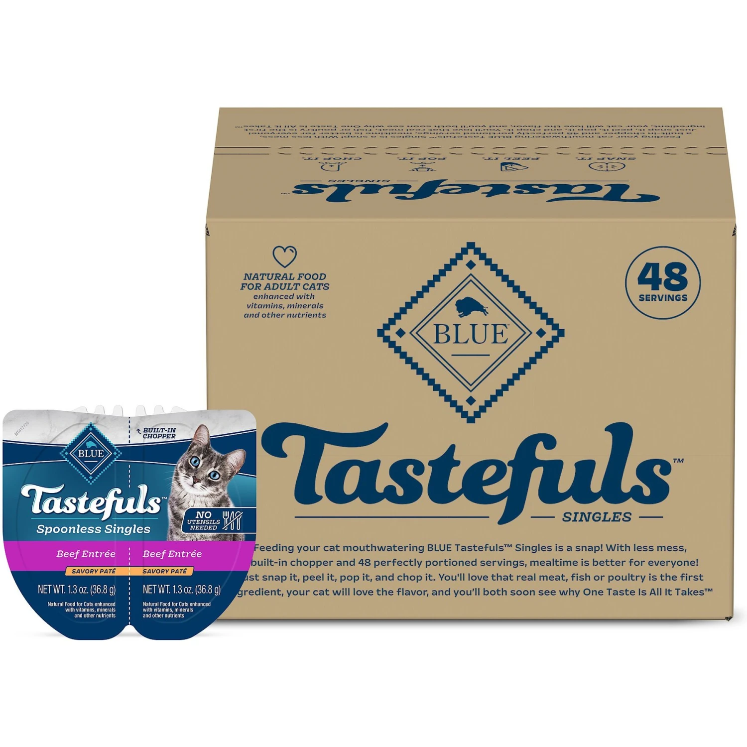 Blue Buffalo Tastefuls Spoonless Singles Beef Entrée Pate Adult Cat Food, 2.6-oz Cup, Case Of 24 1 Blue Buffalo Tastefuls Spoonless Singles Beef Entrée Pate Adult Cat Food, 2.6-oz Cup, Case Of 24