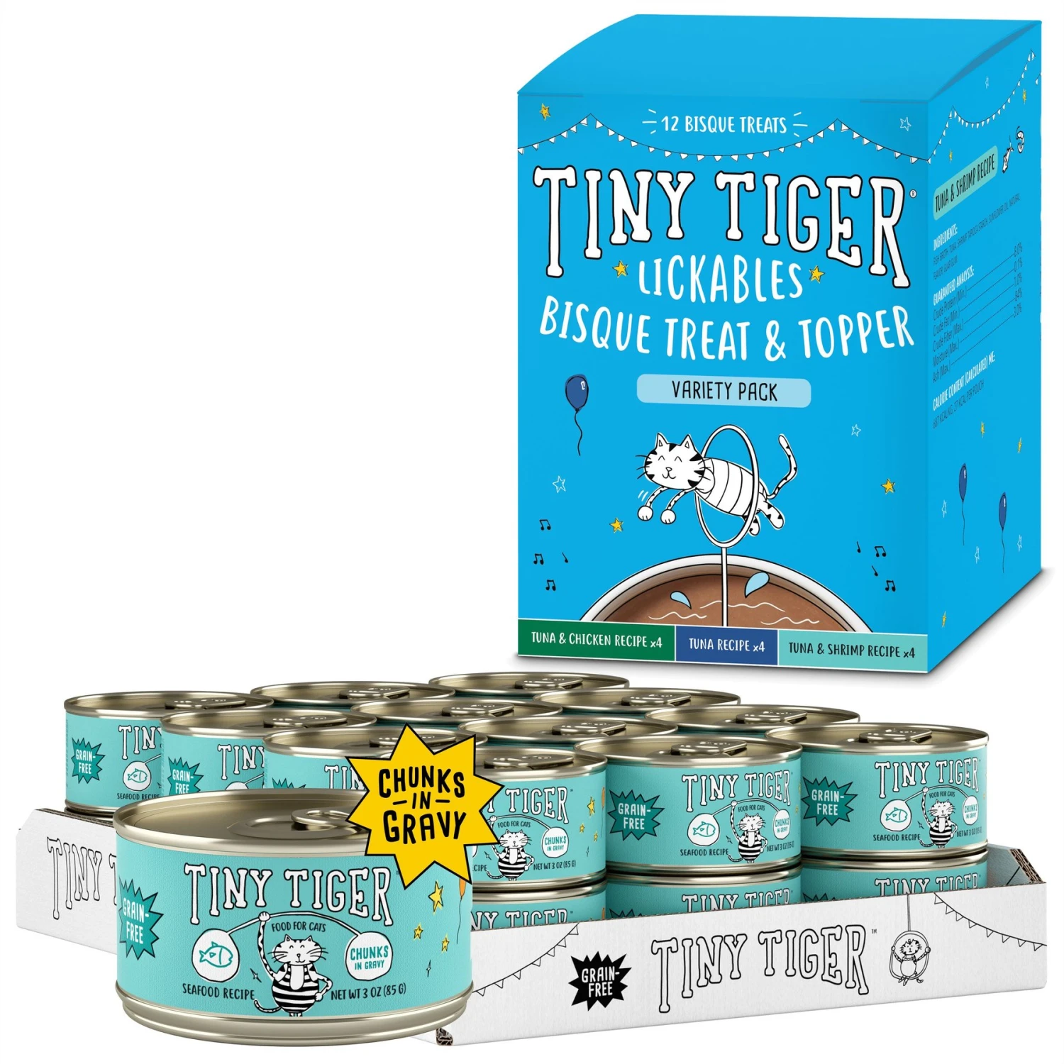 Tiny Tiger Chunks In Gravy Seafood Recipe Grain-Free Canned Cat Food & Tiny Tiger, Lickables, Variety Pack, Bisque Cat Treat & Topper 1 Tiny Tiger Chunks In Gravy Seafood Recipe Grain-Free Canned Cat Food & Tiny Tiger, Lickables, Variety Pack, Bisque Cat Treat & Topper
