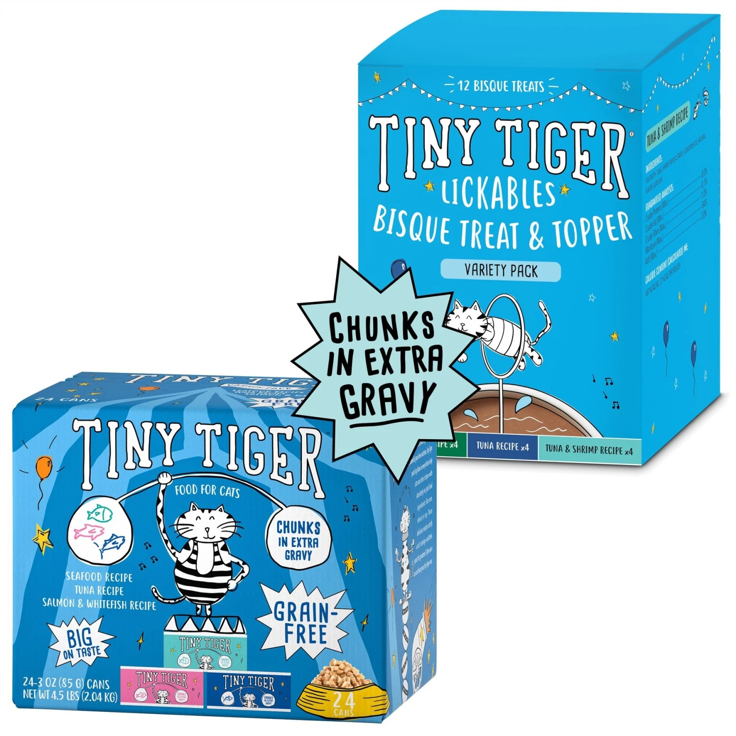 Tiny Tiger Chunks In EXTRA Gravy Seafood Recipes Variety Pack Grain-Free Canned Cat Food & Tiny Tiger, Lickables, Variety Pack, Bisque Cat Treat & Topper 1 Tiny Tiger Chunks In EXTRA Gravy Seafood Recipes Variety Pack Grain-Free Canned Cat Food & Tiny Tiger, Lickables, Variety Pack, Bisque Cat Treat & Topper