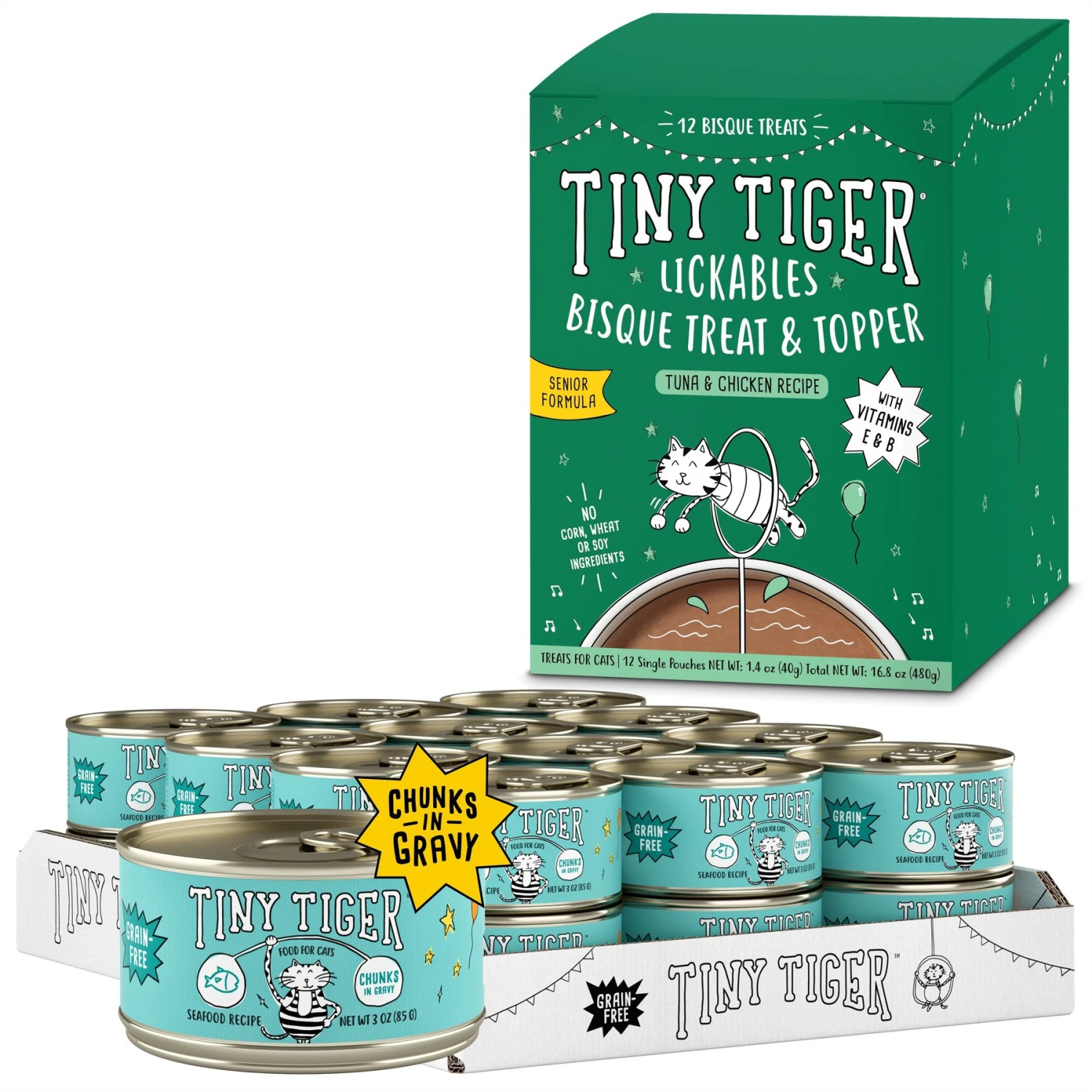 Tiny Tiger Chunks In Gravy Seafood Recipe Grain-Free Canned Cat Food & Tiny Tiger Lickables, Senior Formula, Tuna & Chicken Recipe, Bisque Cat Treat & Topper 1 Tiny Tiger Chunks In Gravy Seafood Recipe Grain-Free Canned Cat Food & Tiny Tiger Lickables, Senior Formula, Tuna & Chicken Recipe, Bisque Cat Treat & Topper