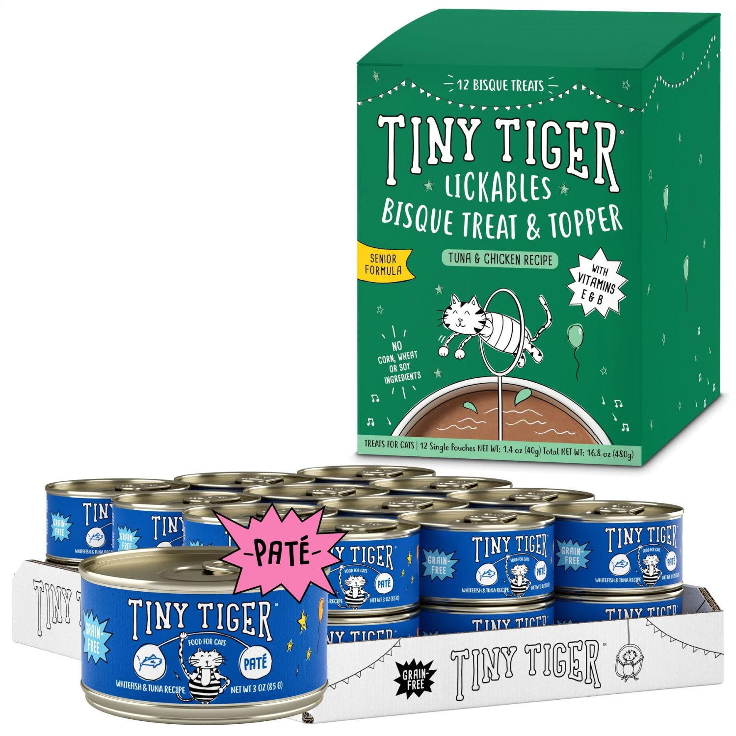 Tiny Tiger Pate Whitefish & Tuna Recipe Grain-Free Canned Cat Food & Tiny Tiger Lickables, Senior Formula, Tuna & Chicken Recipe, Bisque Cat Treat & Topper 1 Tiny Tiger Pate Whitefish & Tuna Recipe Grain-Free Canned Cat Food & Tiny Tiger Lickables, Senior Formula, Tuna & Chicken Recipe, Bisque Cat Treat & Topper