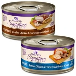Wellness CORE Signature Selects Shredded Boneless Chicken & Turkey Entree In Sauce Grain-Free Natural Canned Cat Food & Wellness CORE Signature Selects Shredded Boneless Chicken & Chicken Liver Entree In Sauce Grain-Free Natural Canned Cat Food