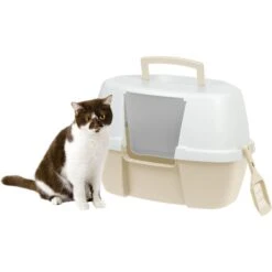 IRIS USA Hooded Corner Cat Litter Box With Front Door Flap & Scoop