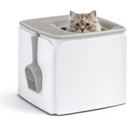IRIS USA Premium Square Top Entry Cat Litter Box With Scoop, White & Gray, Large